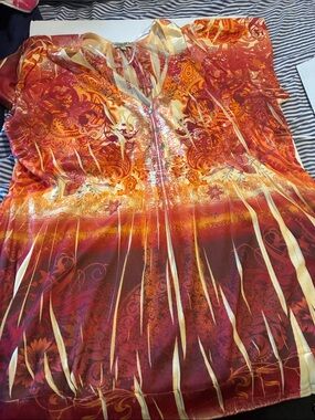 ONE WORLD Red-Orange Printed V-Neck Blouse